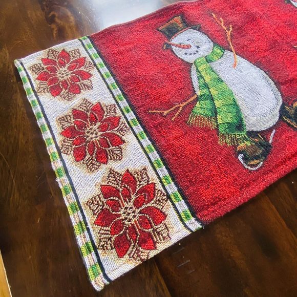 Snowman Christmas Table Runner Poinsettias 13.5 " x 68 “ Red Winter Ice Skating - Picture 3 of 4
